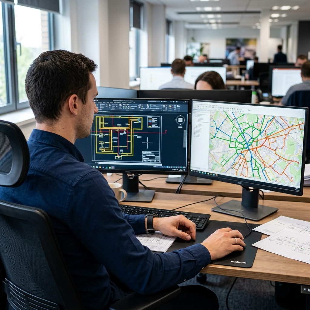 Ingénieur d'étude télécom analysant des plans et une maquette 3D